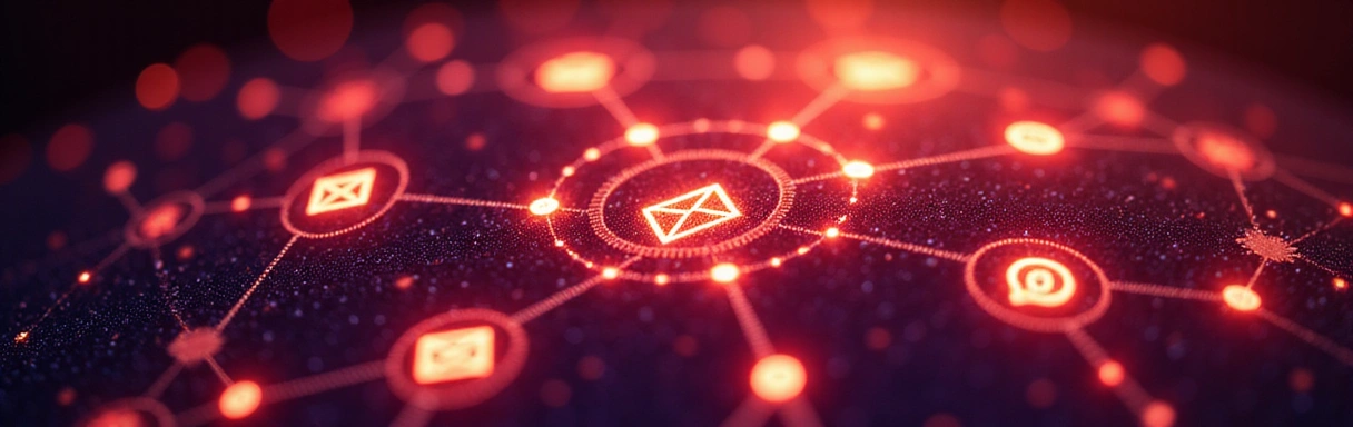 Abstract background with glowing communication icons representing connectivity and support