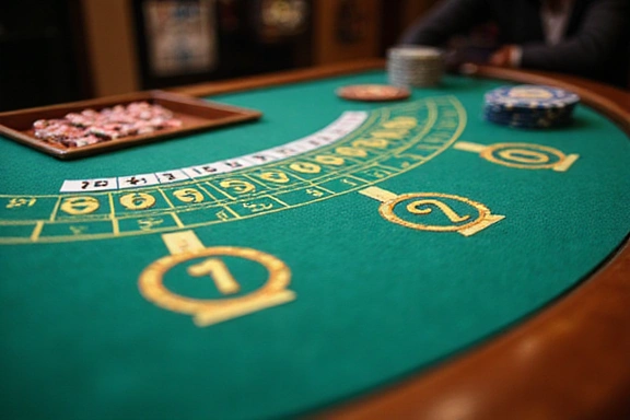 Detailed stylized blackjack table with cards and chips
