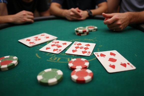 Detailed stylized Texas Hold'em poker table with cards and chips