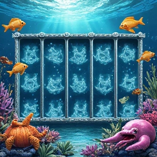 Stylized ocean slot reel with sea creatures