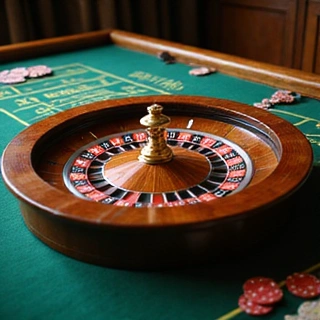 Stylized European roulette table with wheel