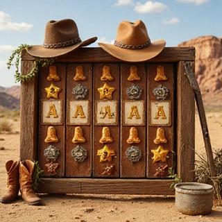 Stylized wild west slot reel with cowboy motifs