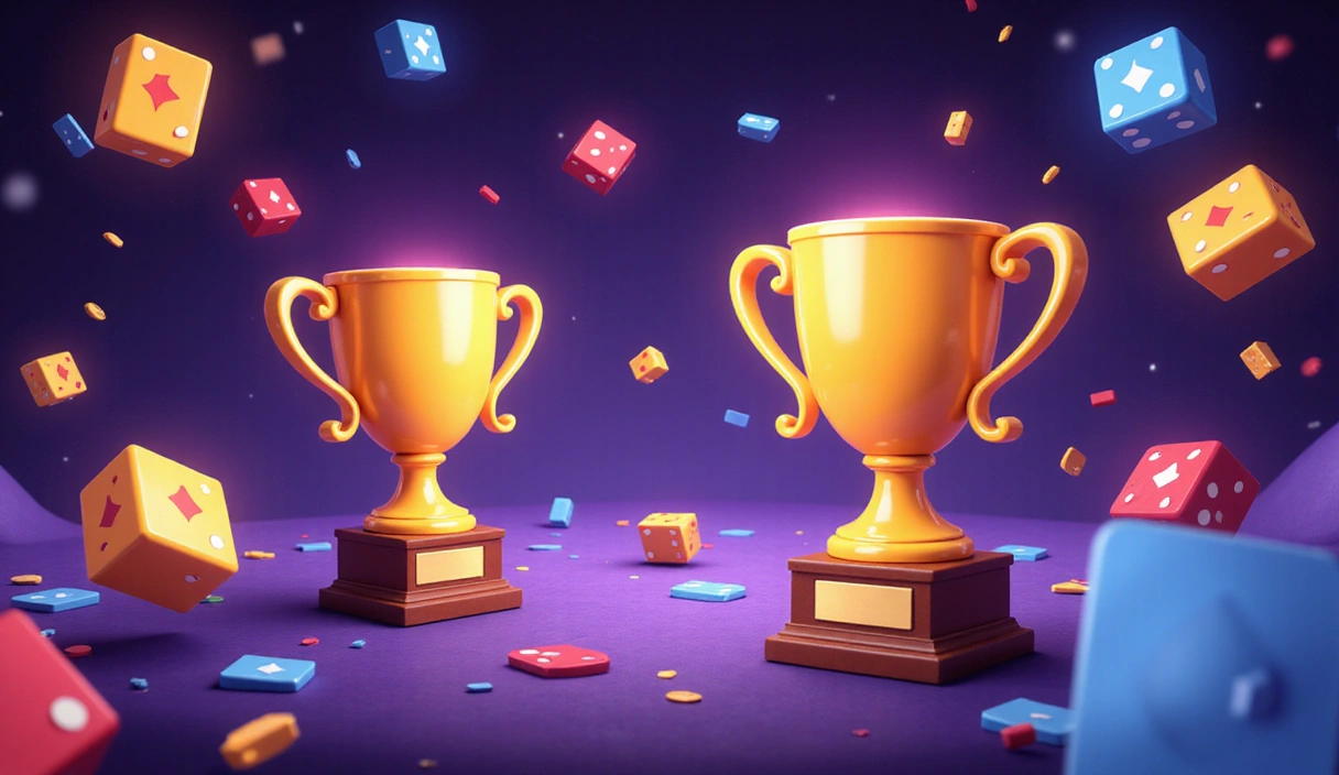Dynamic tournament background with glowing trophy icons, competitive elements